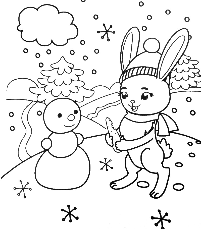 Детальніше про статтю Зимова розмальовка і віршик: зайчик і сніговик