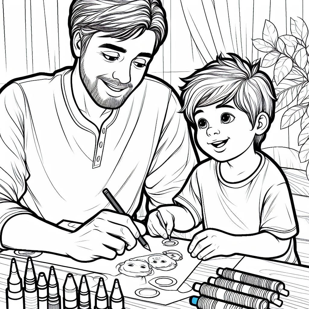 Розмальовки про те, як діти малюють з татом