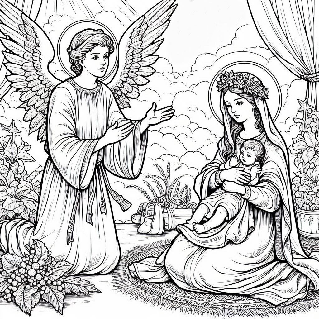 Детальніше про статтю Розмальовки Мати Божа, Ісусик, Ангел