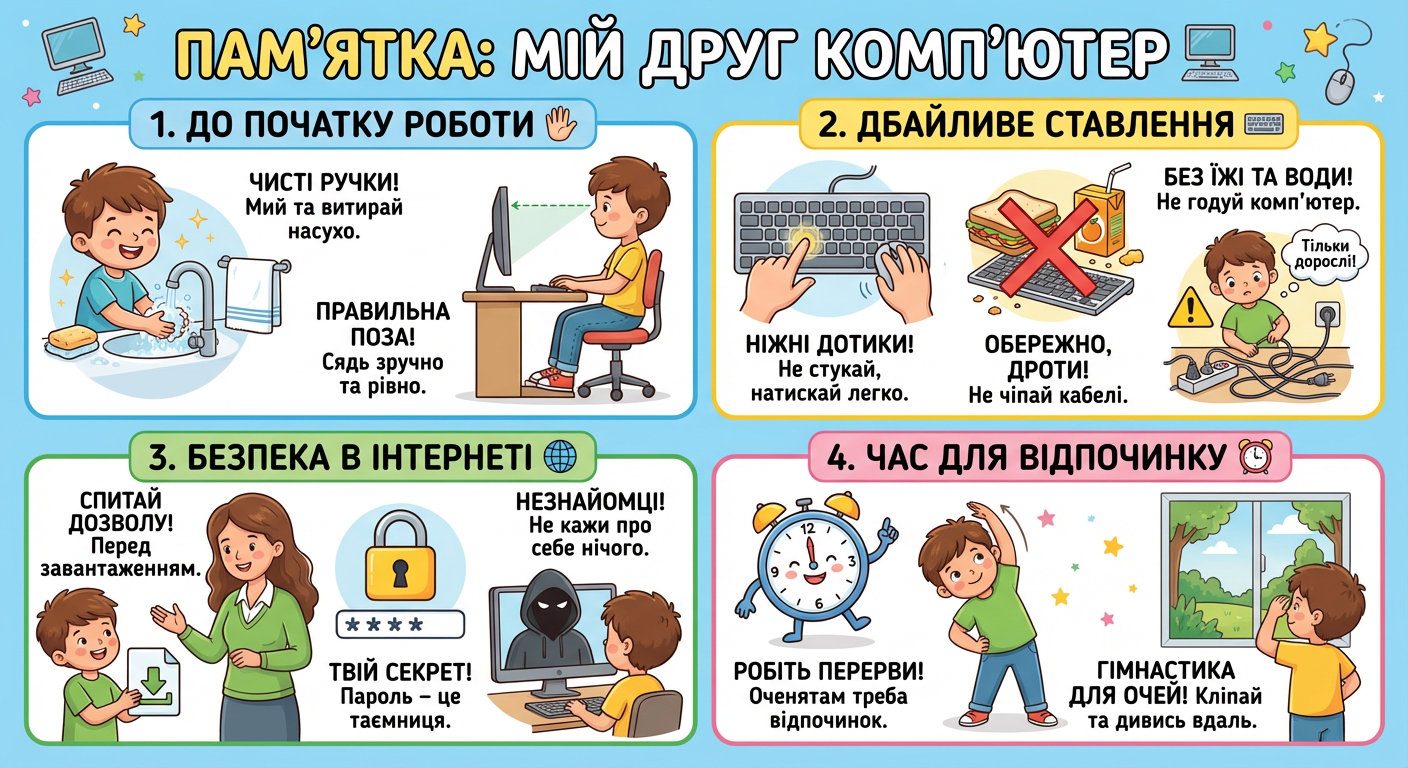 Детальніше про статтю Мій помічник — комп’ютер: пам’ятка учня (2-3 клас)