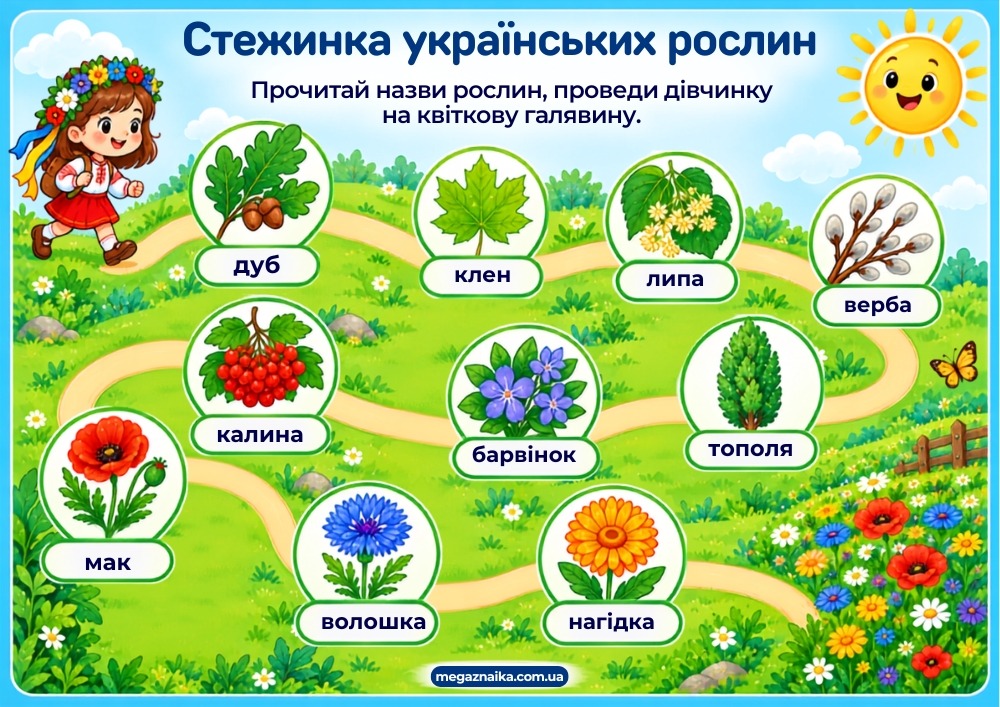 Стежинка українських рослин: читання слів.