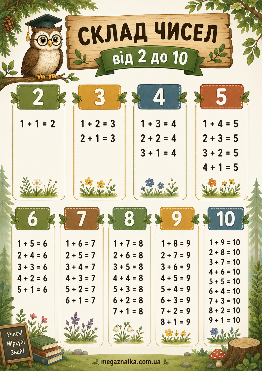 Склад чисел 2-10 (картки для друку) - мудра сова