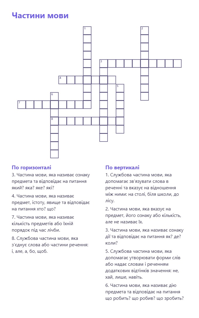 Кросворд "Частини мови"