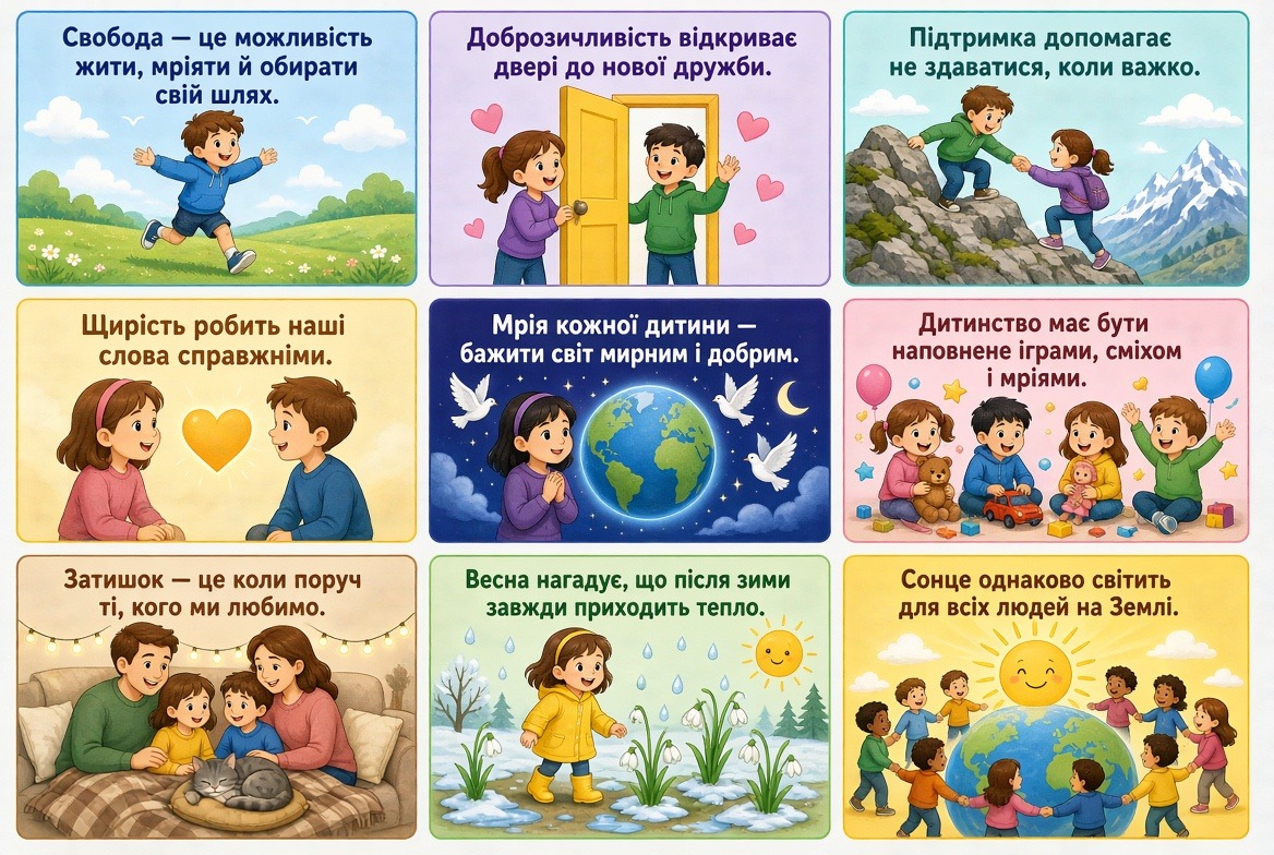 Кольорові аркуші для друку: фрази про мир, підтримку, дружбу для дітей