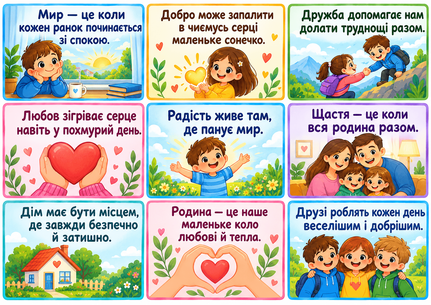 Кольорові аркуші для друку: фрази про мир, підтримку, дружбу для дітей